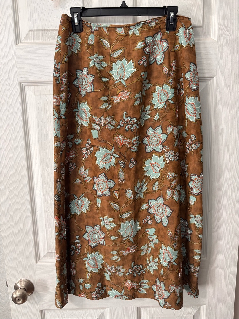 Silk Club Collection Skirt Sz 14 Brown Floral Beaded Long A-line Fully Lined